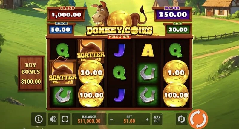 Donkey Coins Hold & Win - glavni ekran sa bubnjevima